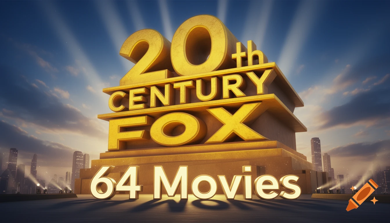 Golden 3D "20th Century Fox" logo with "64 Movies" below, set against a dramatic sky and city skyline with spotlights.