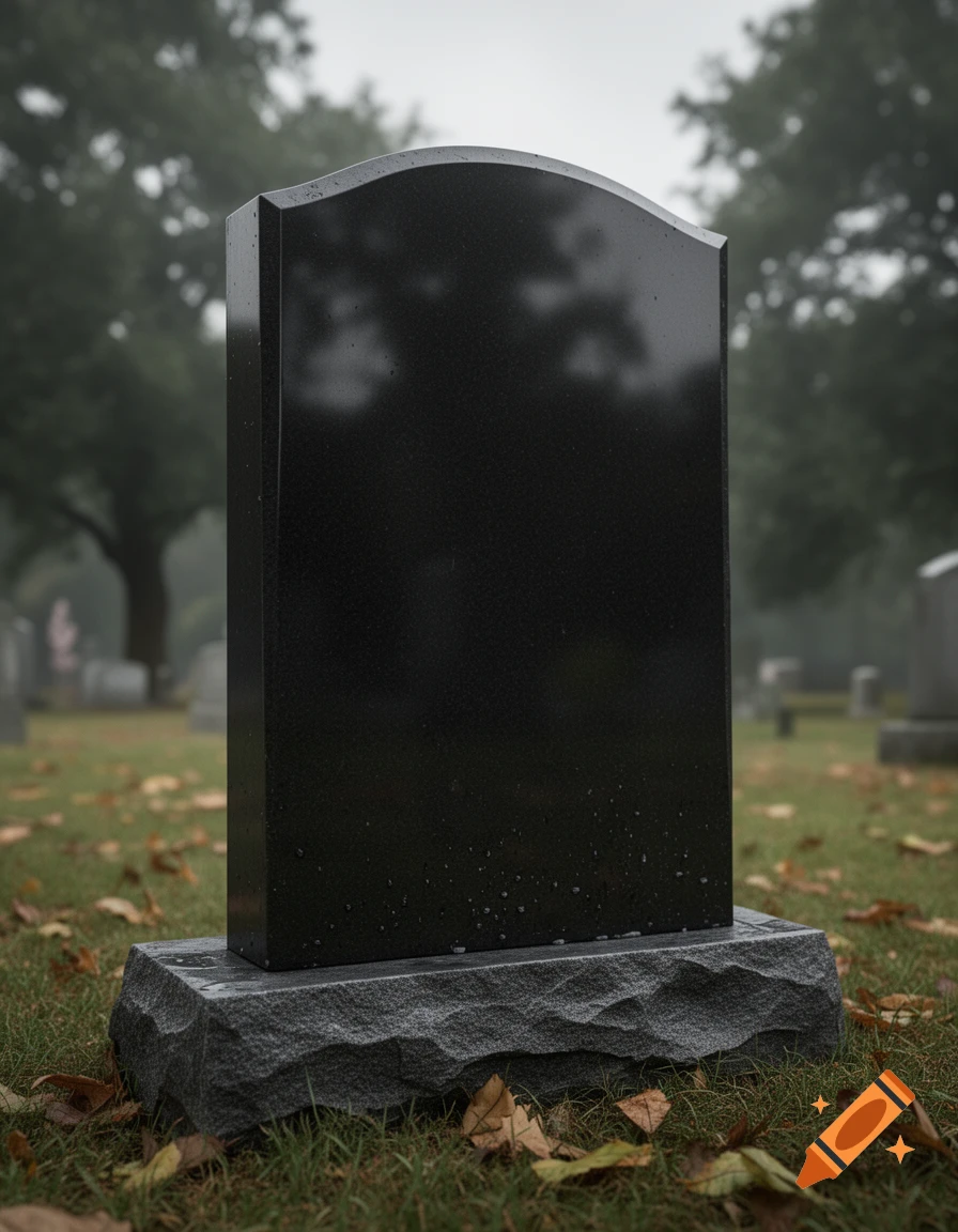 Photorealistic image of a black granite headstone with a curved top and an angled base, set in a misty cemetery.