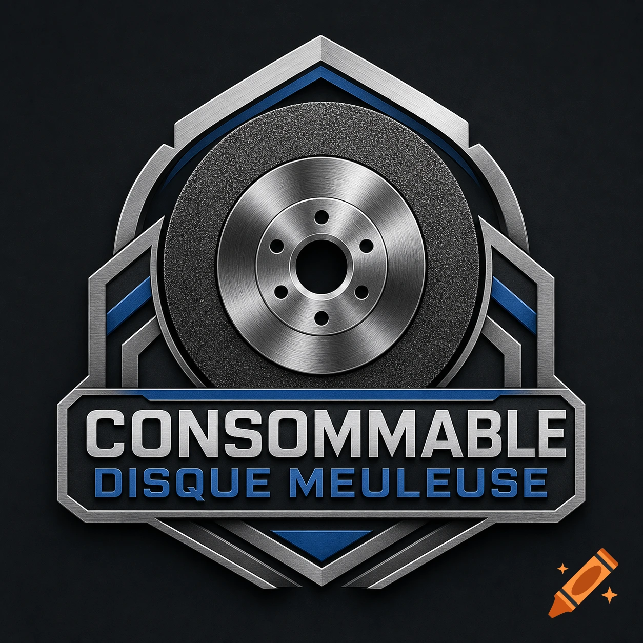 Metallic logo featuring a grinding disc, brushed metal, blue accents, with 'CONSOMMABLE DISQUE MEULEUSE' text.