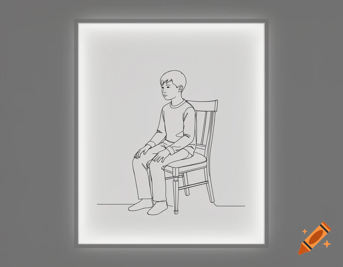 A minimalist line drawing of a young boy sitting in a wooden dining chair, hands resting on his thighs.