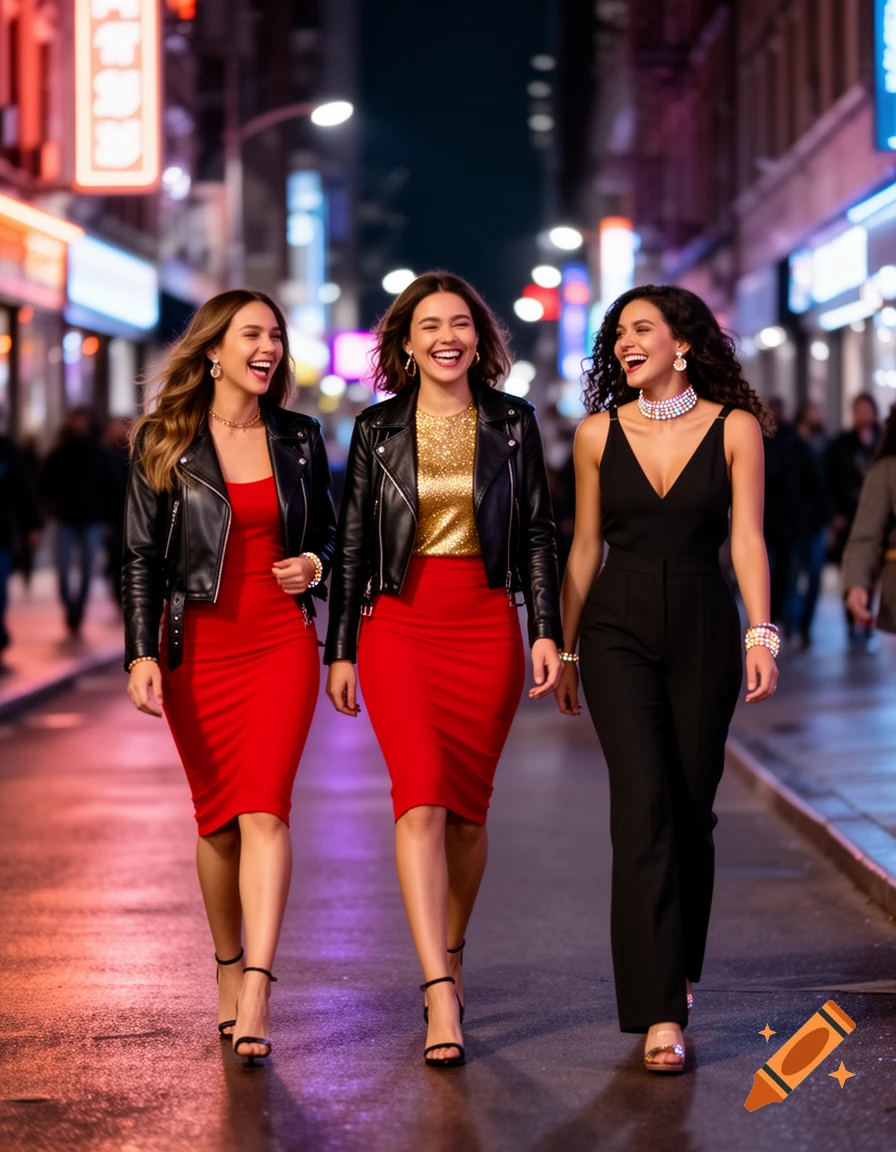 Three laughing women in stylish outfits walk down a neon-lit city street at night, two wearing red dresses and black leather jackets, one in a black jumpsuit.