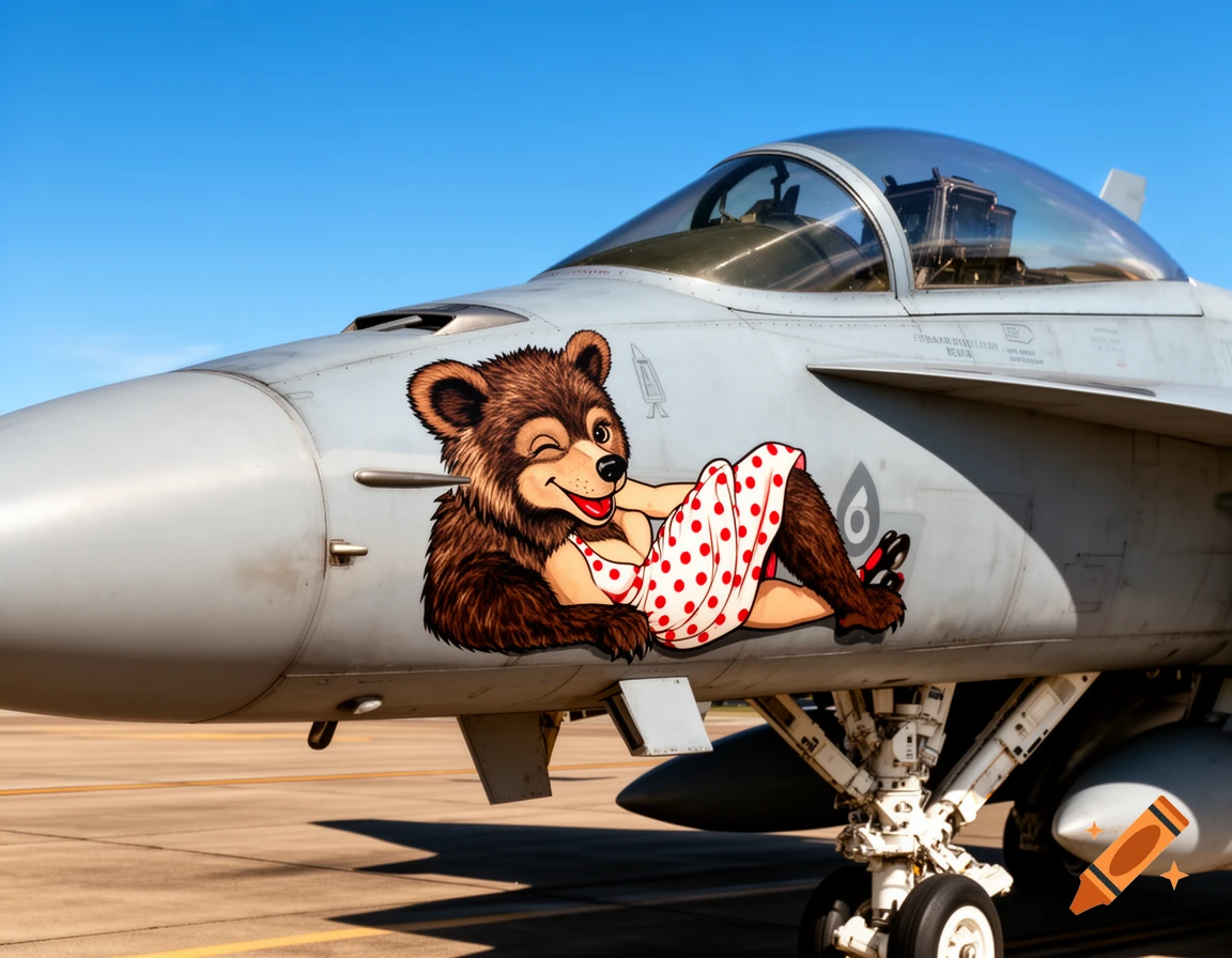 A photorealistic F18 fighter jet features a cartoon pin-up "drop bear" in a polka-dot bikini painted as nose art on its fuselage.
