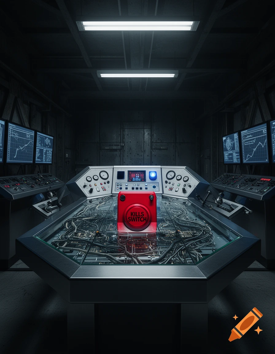 A dimly lit, futuristic control room with a large red "KILL SWITCH" button on a central console, surrounded by screens and wires.