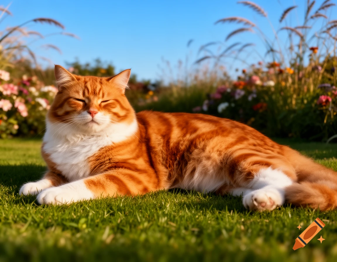 A fluffy orange and white tabby cat lies relaxed on green grass in a sunny garden with flowers, eyes closed.