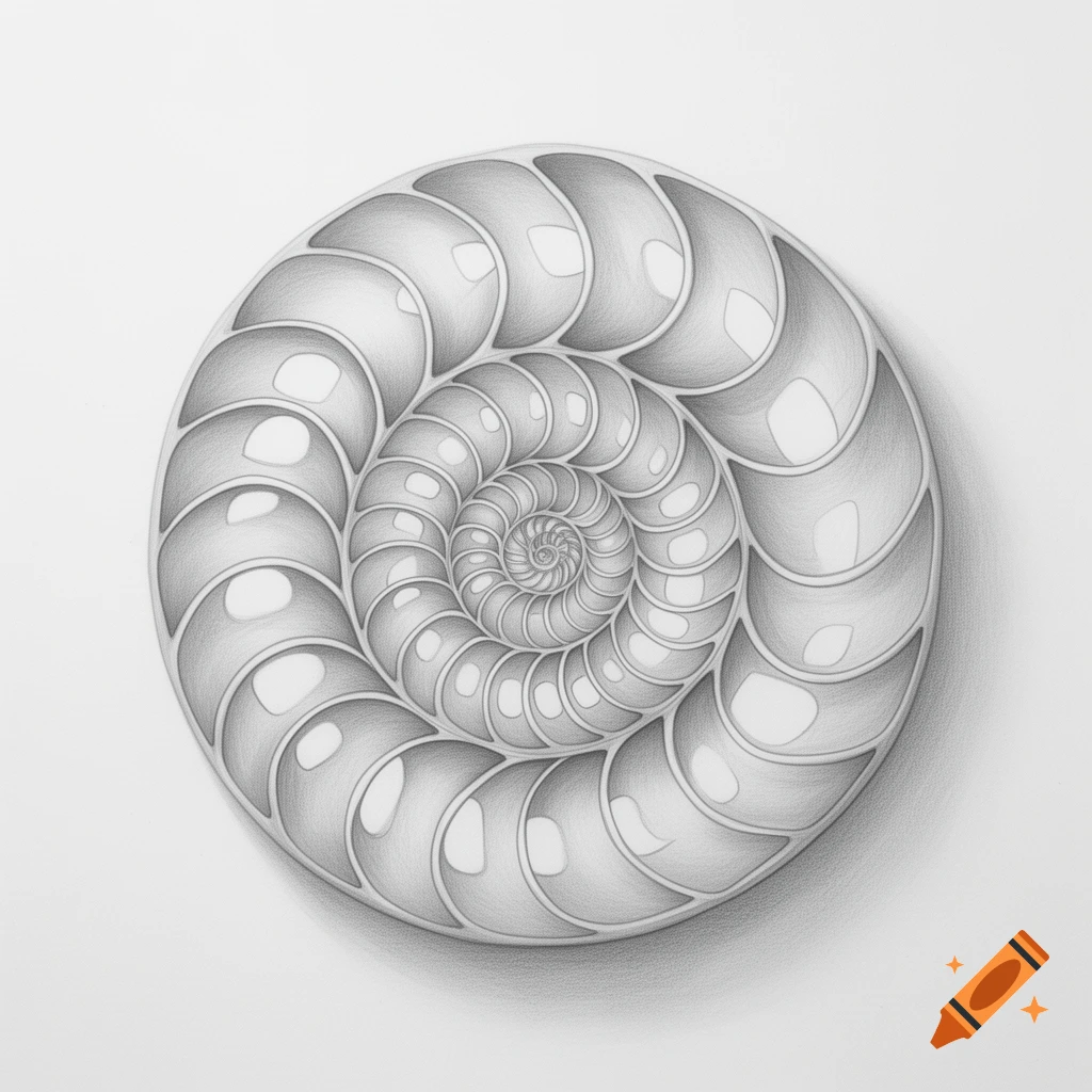 A detailed black and white pencil drawing of a nautilus shell spiral with shaded compartments.