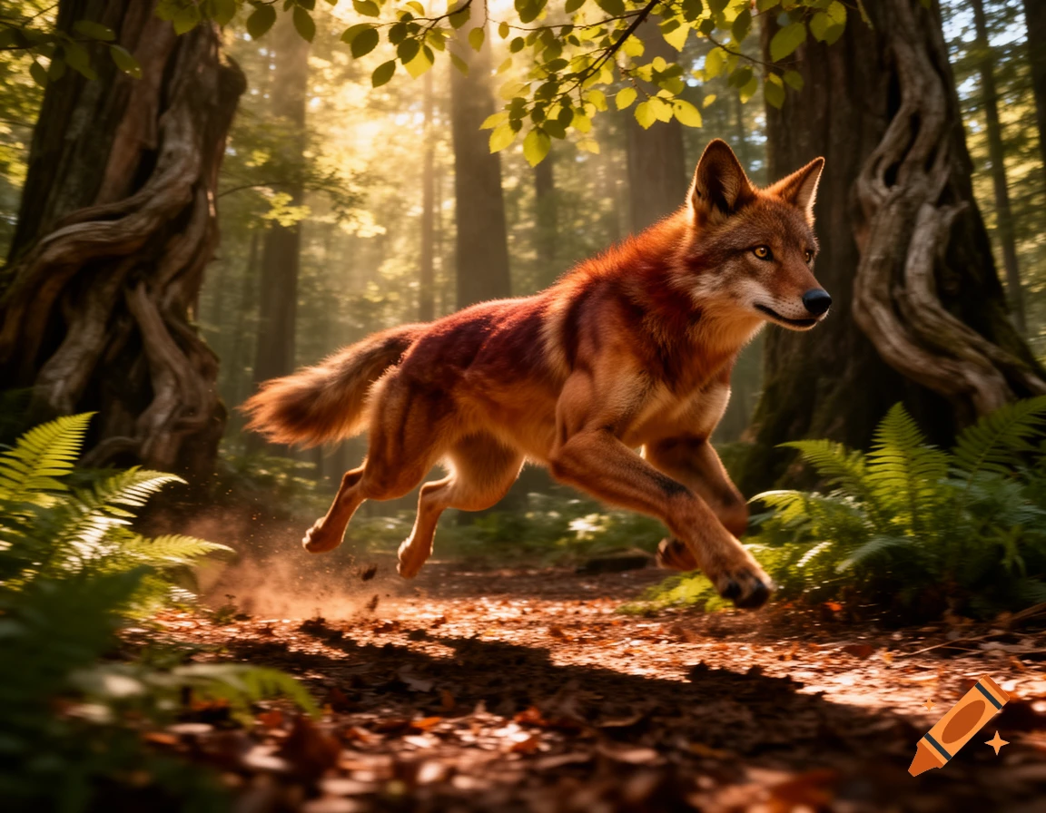A photorealistic reddish-brown wolf-like creature (therian) leaps through a sunlit forest, kicking up dust.