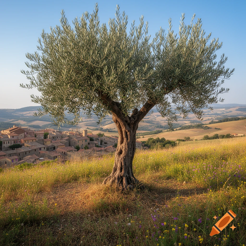 A gnarled olive tree stands in a sunlit meadow of wild flowers, overlooking a terracotta-roofed village and rolling hills.