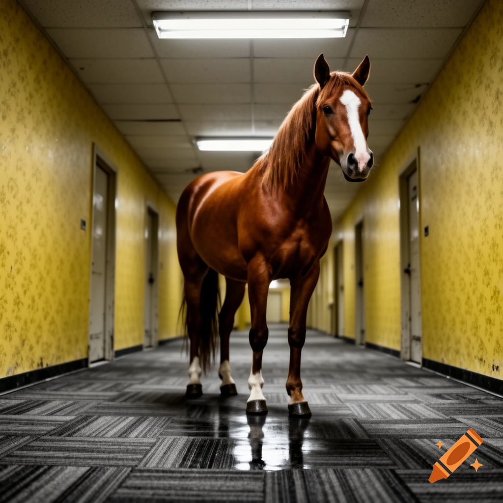 A brown horse with a white blaze stands in a long, yellow-wallpapered hallway with a dark patterned carpet and fluorescent lights.