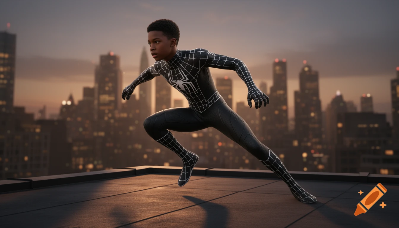 A photorealistic young Black teenager in a black and white Spider-Man suit in a dynamic pose on a rooftop at dusk, with a blurred city skyline.