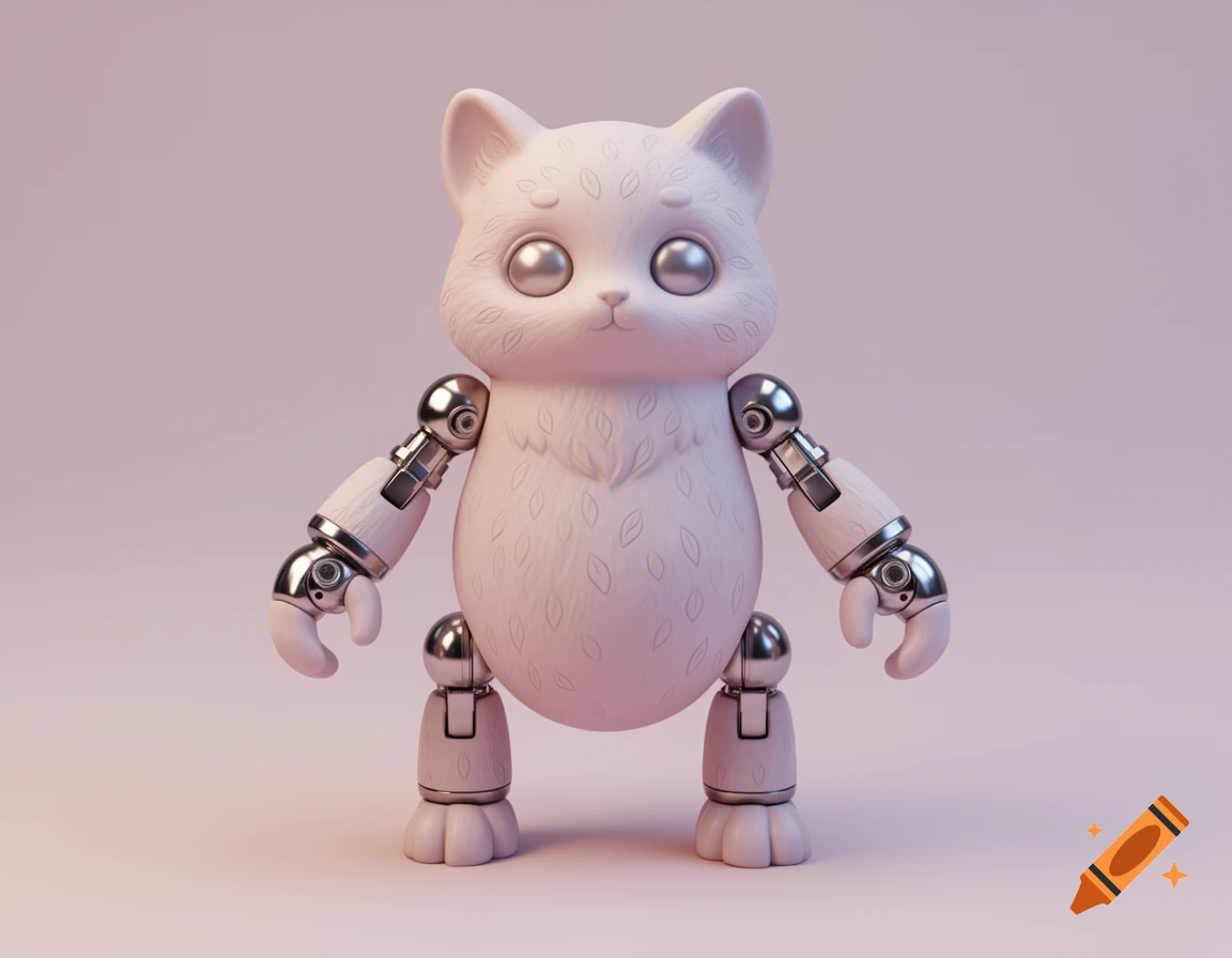 A cute, stylized pink robot cat with shiny silver robotic arms and legs, standing on a pink background, 3D render.