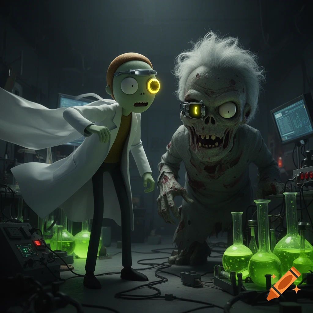 A stylized cartoon character resembling Evil Morty with glowing goggles stands next to a zombie-like Dr. Zomboss in a dark, glowing laboratory filled with green liquids.