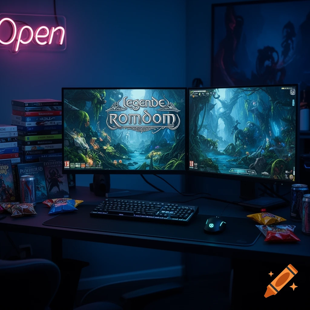 A gaming setup with two monitors displaying a fantasy game titled "Legende Romdom," a keyboard, mouse, snacks, and a stack of game boxes on a dark desk under a pink neon 'open' sign. The room is dimly lit with a blue hue.