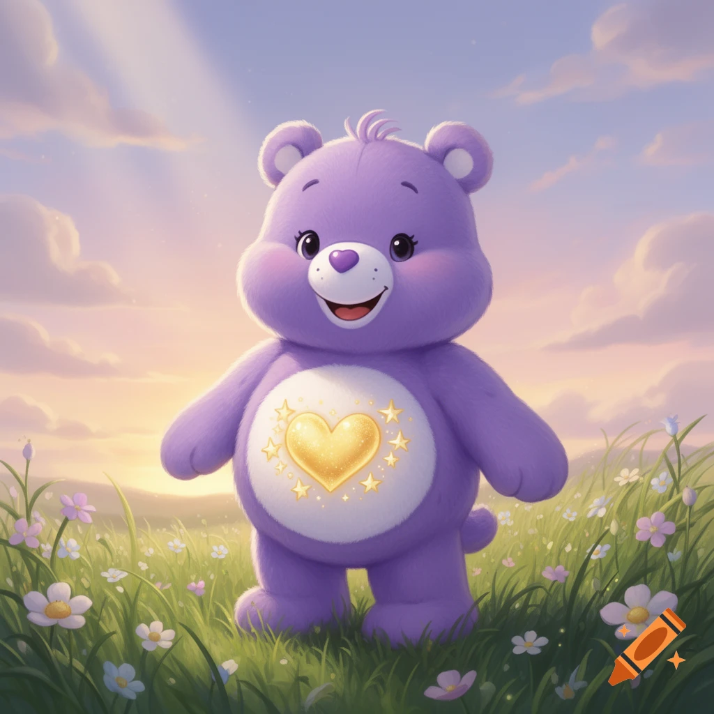 A cute fluffy purple bear with a golden heart and stars on its belly stands in a field of flowers under a cloudy sky.