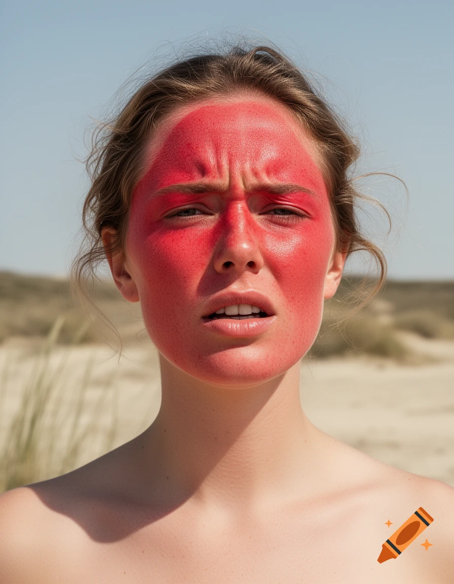 Close-up portrait of a woman with her face painted bright red, resembling severe sunburn, against a sandy outdoor background.