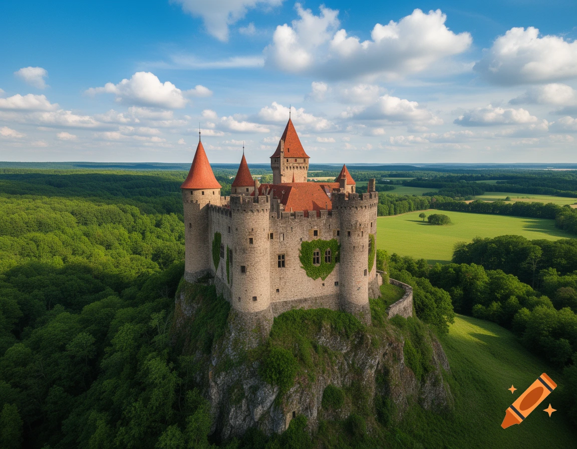 Aerial view of a fairytale stone castle with red roofs on a rocky hill surrounded by lush green forests and fields under a cloudy blue sky.