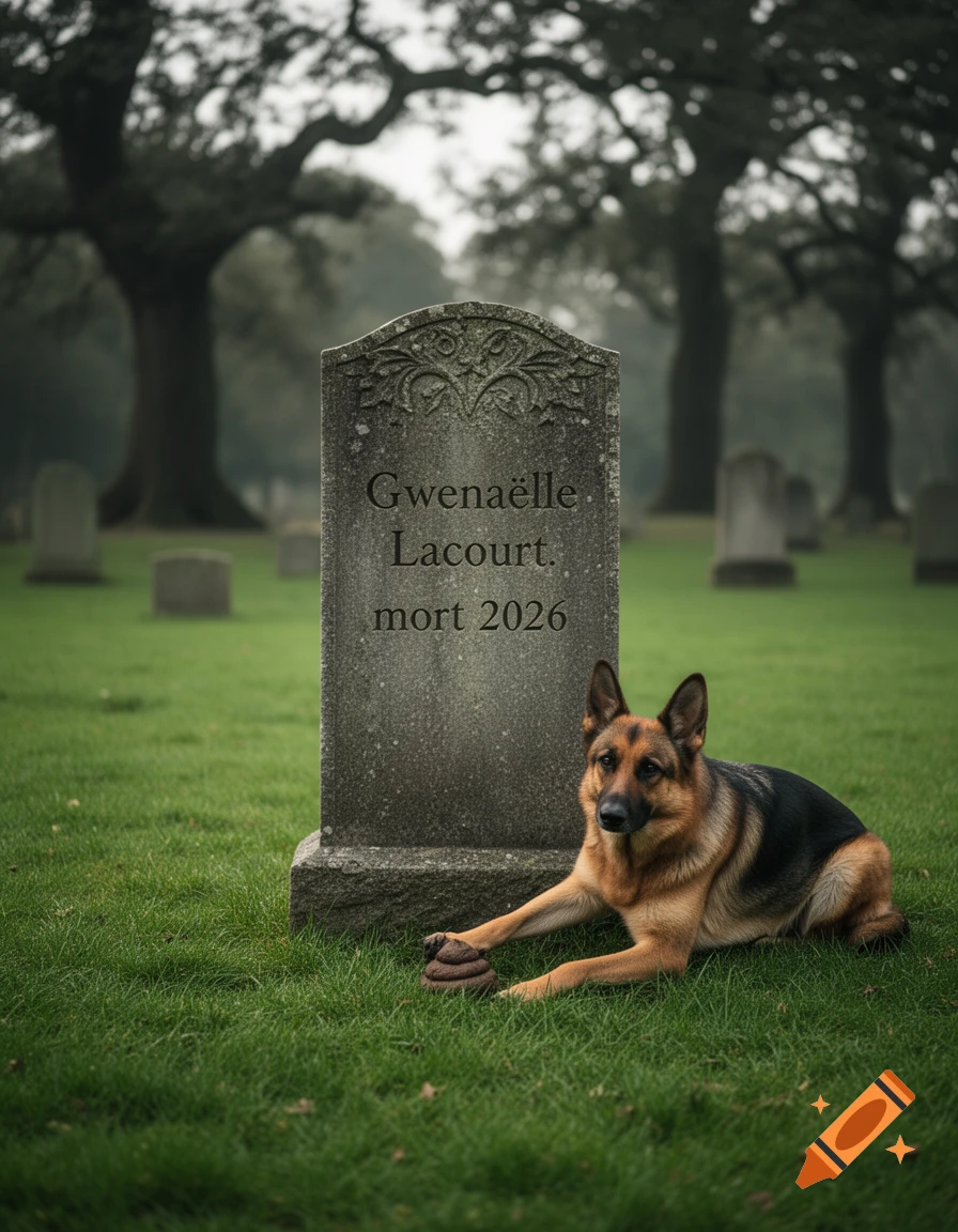 Photorealistic image of a German Shepherd placing dog poop next to a gravestone in a misty graveyard.