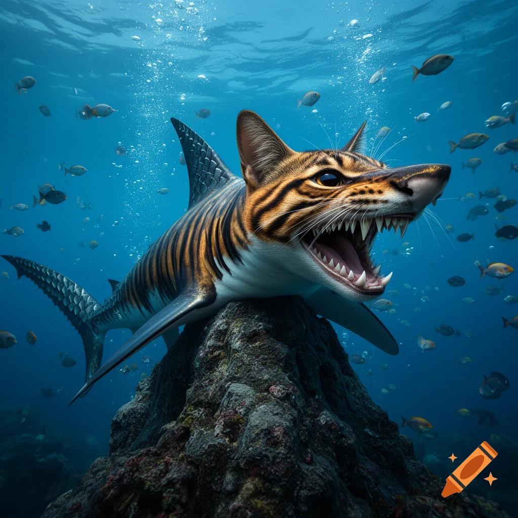 A photorealistic shark-cat hybrid with tiger stripes and an open mouth rests on a rock in a clear blue ocean with fish.