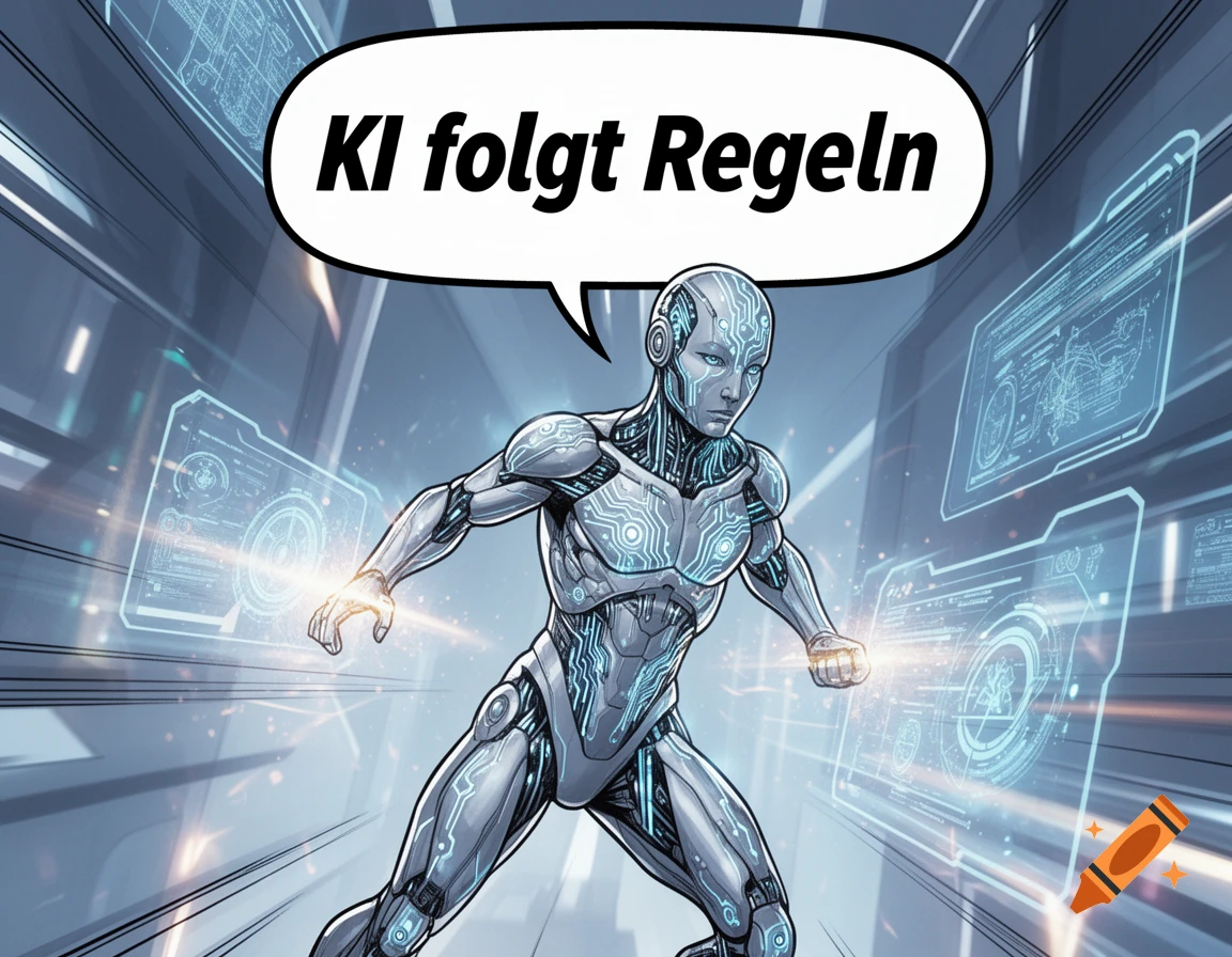 Comic art of a humanoid robot in a futuristic setting, with a speech bubble saying 'KI folgt Regeln'.