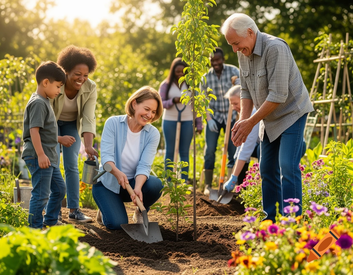 A diverse group of smiling volunteers, including adults and a child, planting young trees in a sunny community garden.
