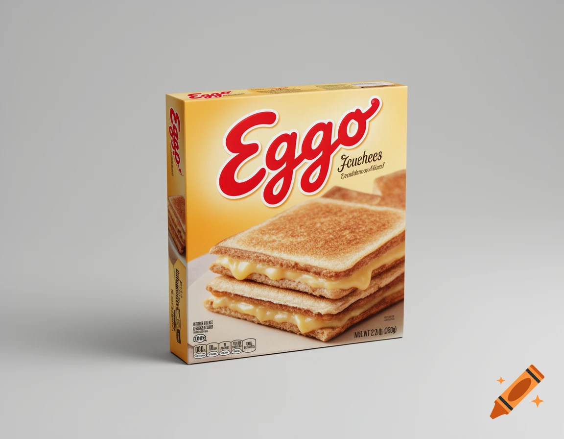 Product packaging for a breakfast sandwich with a stylized logo and melted cheese on toast.