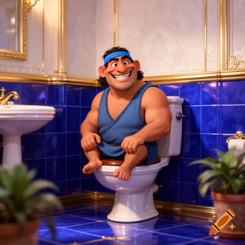 Cartoon character Kronk smiling while sitting on a toilet in a luxurious blue and gold bathroom.