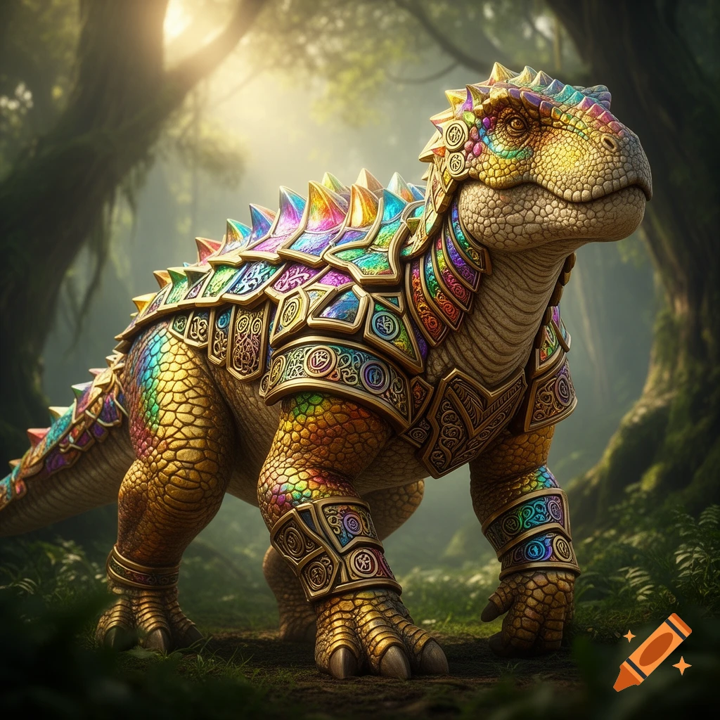 A majestic dinosaur in intricate gold and rainbow armor stands in a lush, sun-dappled jungle.
