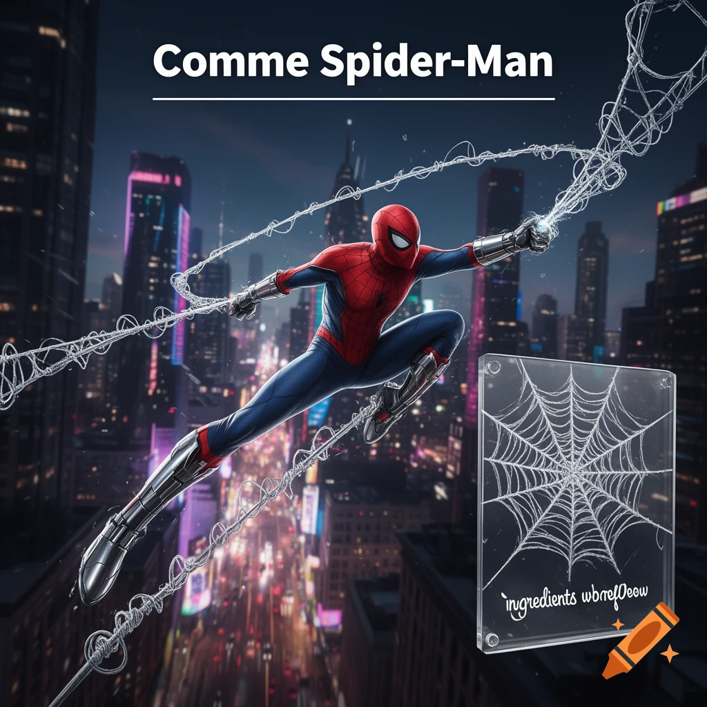 Digital art of Spider-Man swinging through a futuristic city at night, surrounded by webs. A transparent plaque with a spiderweb is in the foreground.