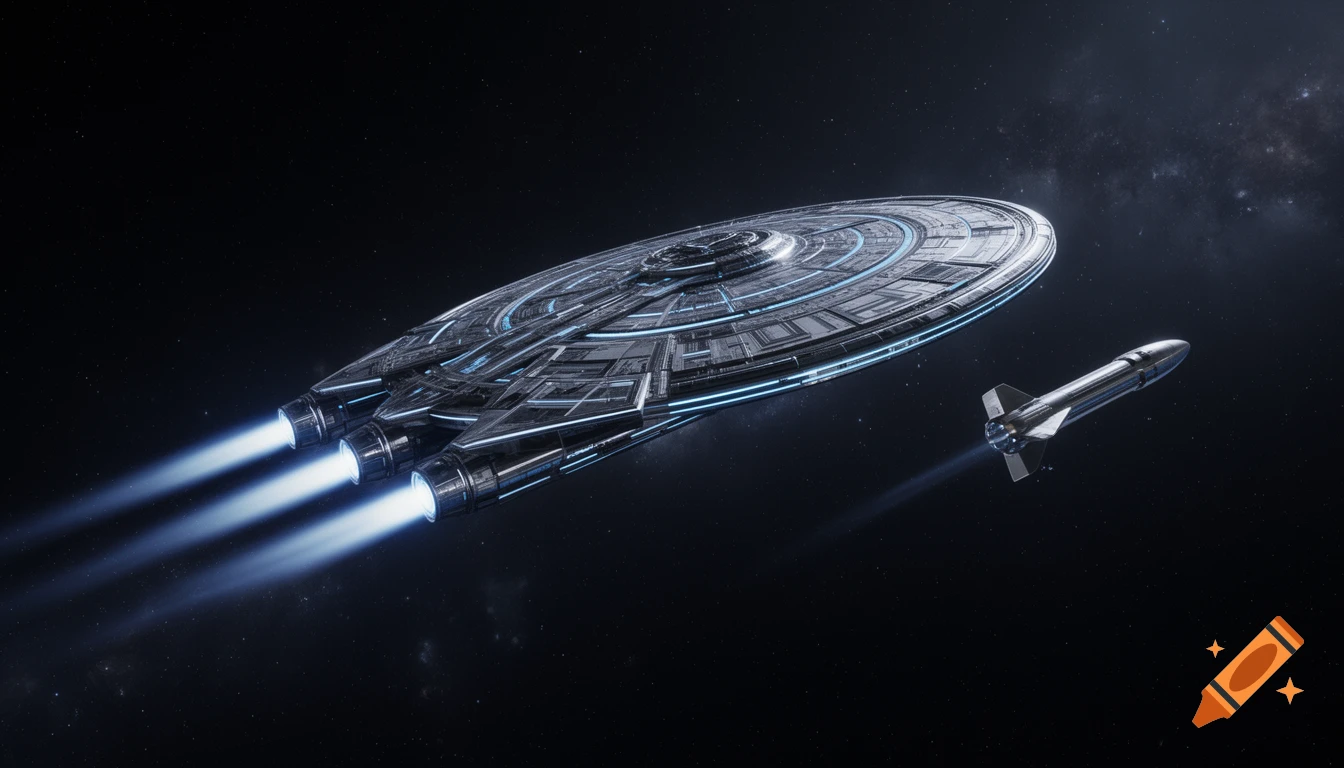 A sleek, disc-shaped spaceship with three glowing thrusters flies alongside a rocket in deep space.