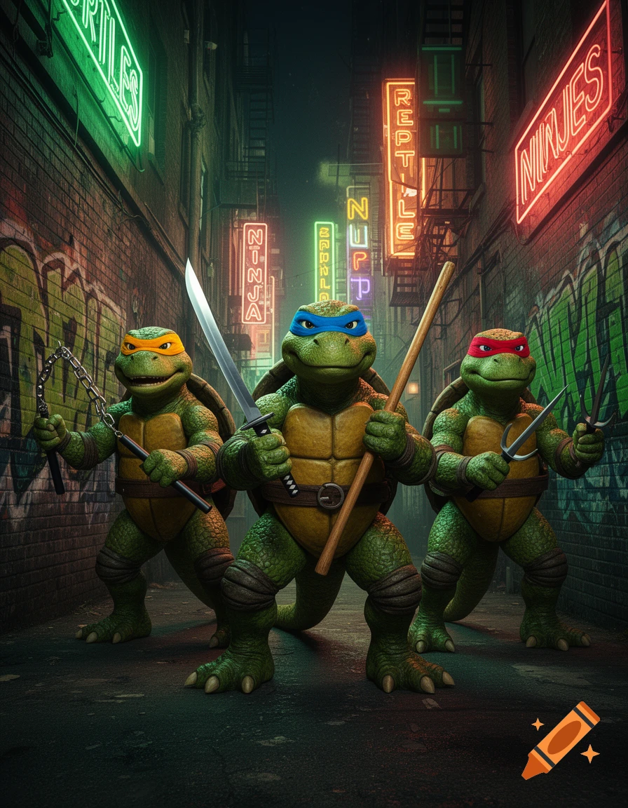 Three anthropomorphic turtles resembling ninja turtles stand in a dark, graffiti-covered alley with glowing neon signs.