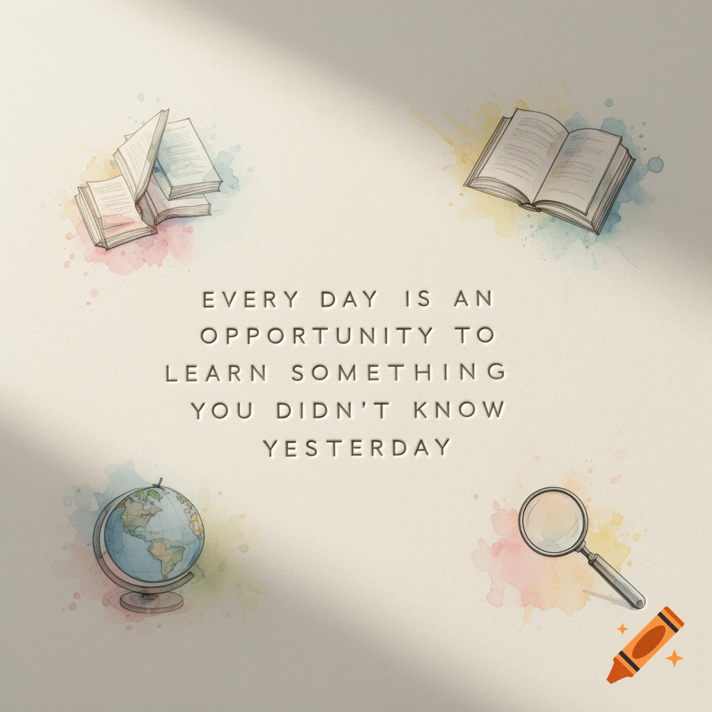 An inspirational quote, "Every day is an opportunity to learn something you didn know yesterday," surrounded by watercolor sketches of books, a globe, and a magnifying glass on a textured background.