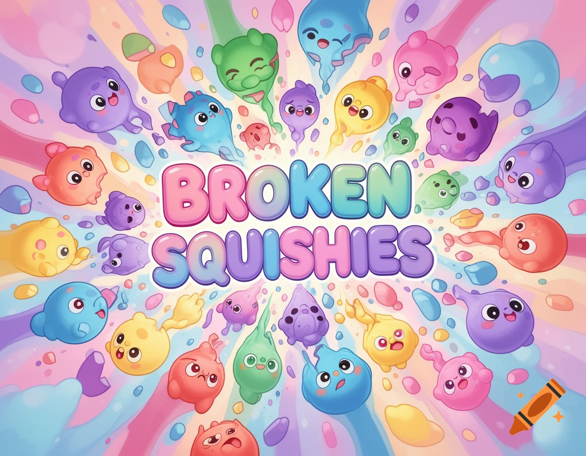 Vibrant illustration of cute, colorful cartoon blob creatures surrounding the text 'BROKEN SQUISHIES' on a pastel swirl background.