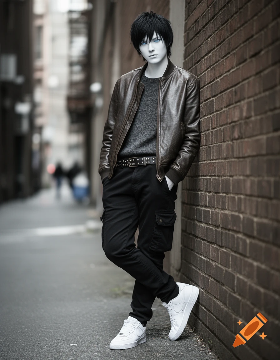 A stoic character with black hair and icy blue eyes, wearing a leather jacket, sweater, cargo pants, and white sneakers, leans against a brick wall in a desaturated urban alley.