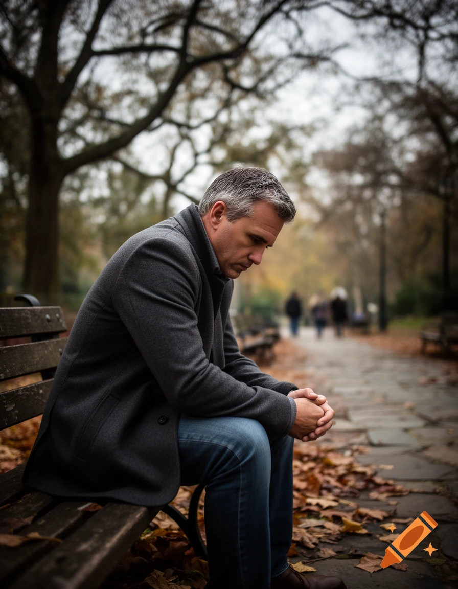 A man with graying hair sits hunched over on a wooden park bench amidst fallen autumn leaves, looking down with a somber expression.