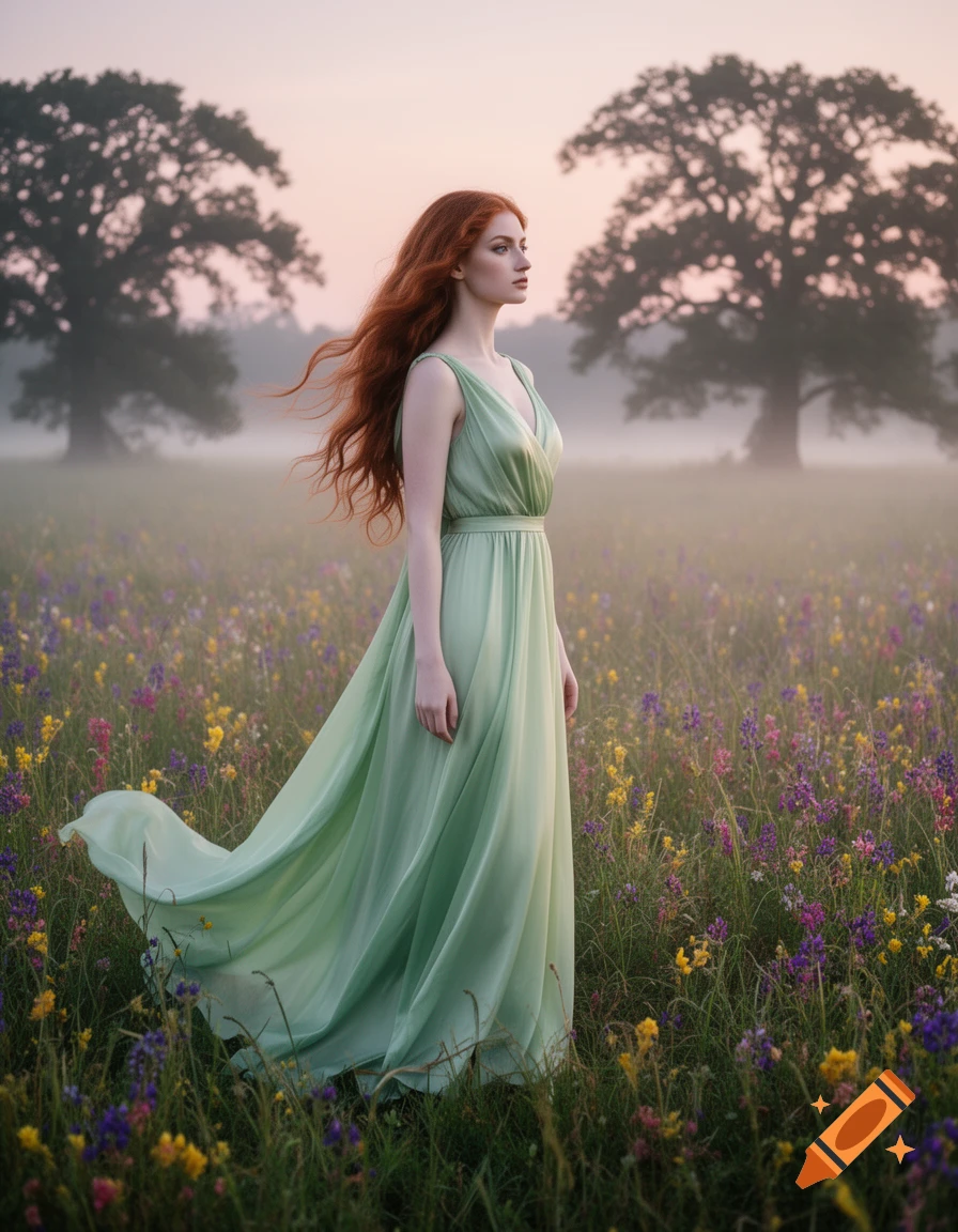 A woman with long red hair in a flowing green dress stands in a vibrant field of wildflowers with misty trees in the background at dawn.