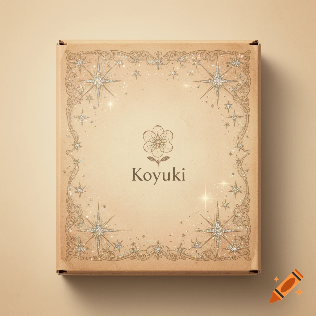 An elegant vintage cardboard box with intricate gold illustrations, sparkling glitter, stars, and a flower logo with the name 'Koyuki'.