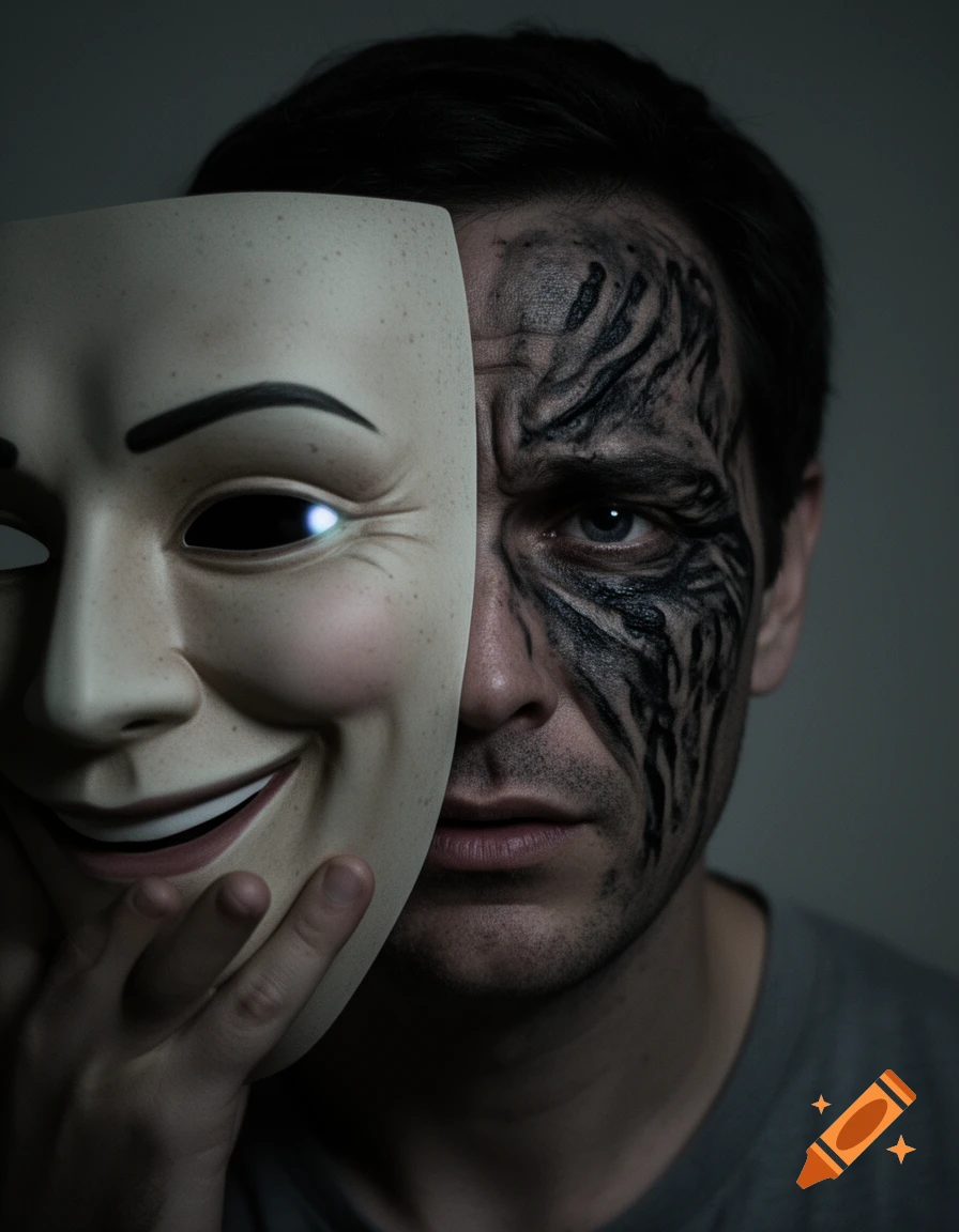 Photorealistic close-up of a man holding a happy-faced mask in front of half his face, revealing monstrous features underneath.