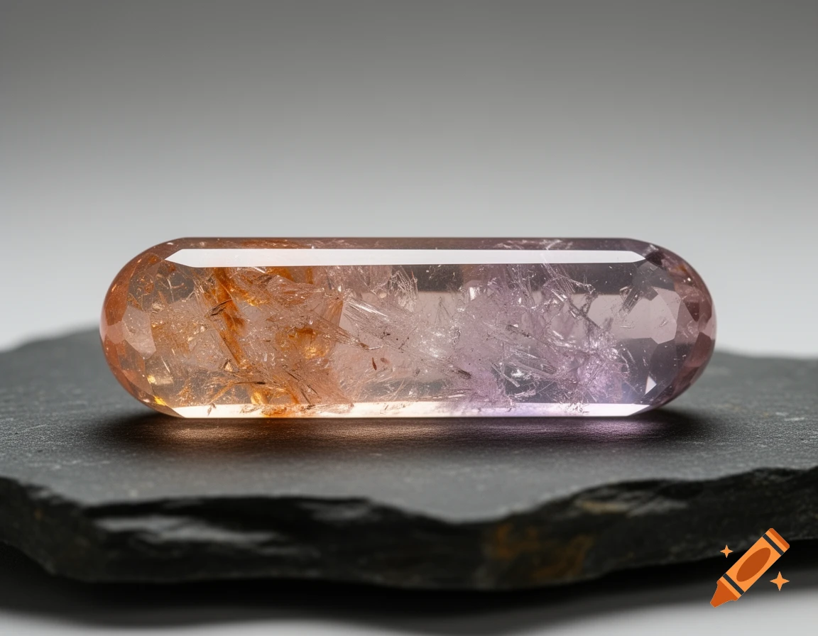 A photorealistic crystalline capsule with orange and purple hues resting on a dark slate surface.