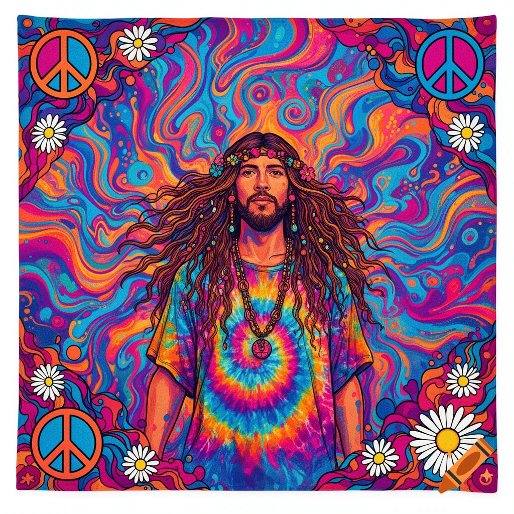 Psychedelic illustration of a man with long hair, beard, tie-dye shirt, flower crown, surrounded by vibrant swirling patterns, peace signs, and daisies.