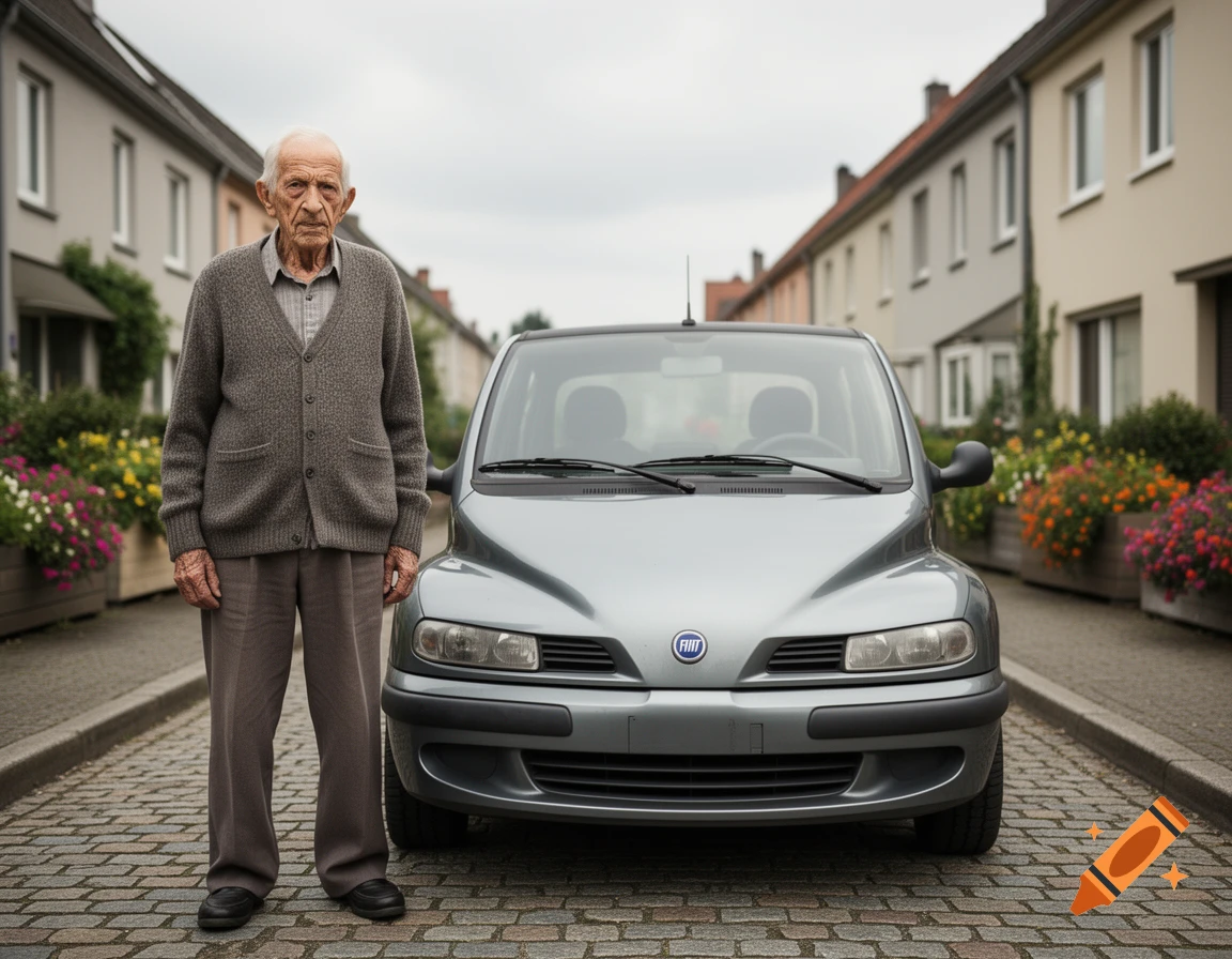 An elderly man stands on a cobblestone street next to a silver Fiat Multipla, with houses in the background.