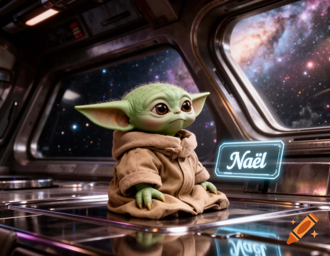 A photorealistic image of Baby Yoda sitting in a spaceship cockpit, looking out at a starry galaxy, with a glowing "Naël" sign.