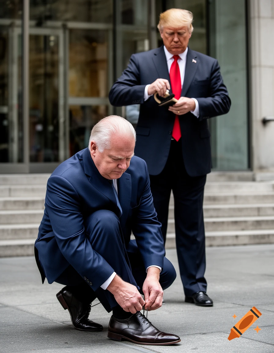 Photorealistic image of Doug Ford tying his shoe outdoors while Donald Trump stands behind him holding a lint brush.