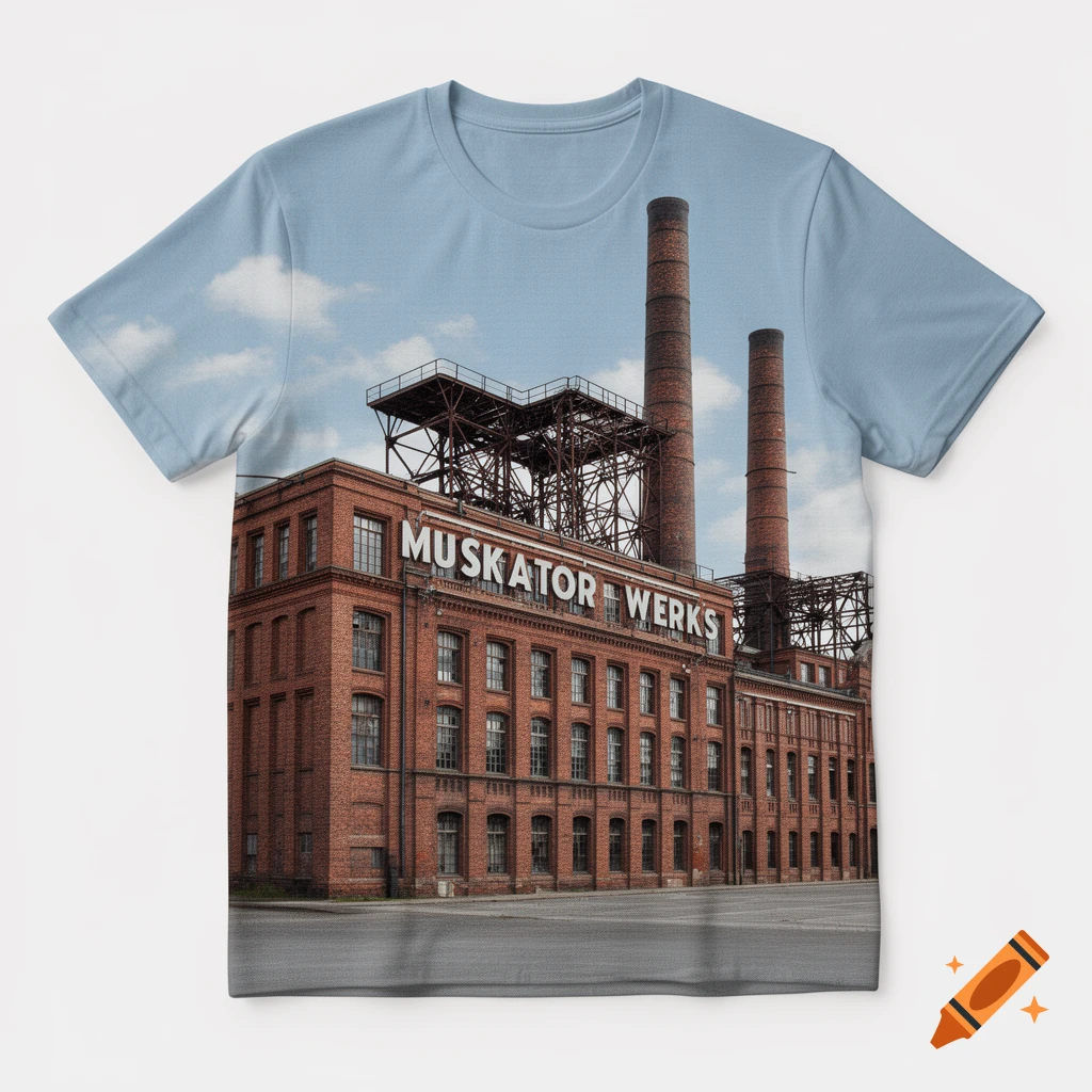 Light blue T-shirt with a photorealistic print of an old red brick factory building with two tall chimneys and 'MUSKATOR WERKS' on its facade.