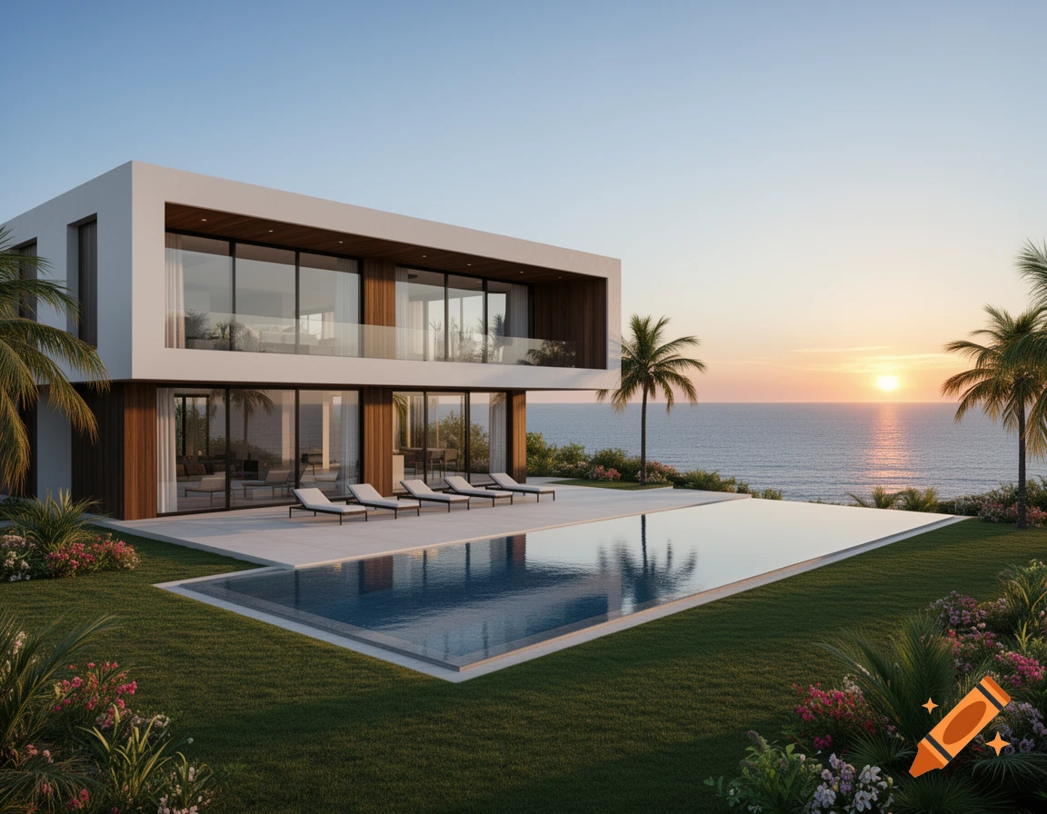 A modern villa with a large infinity pool overlooking the ocean at sunset, surrounded by lush green grass and palm trees.