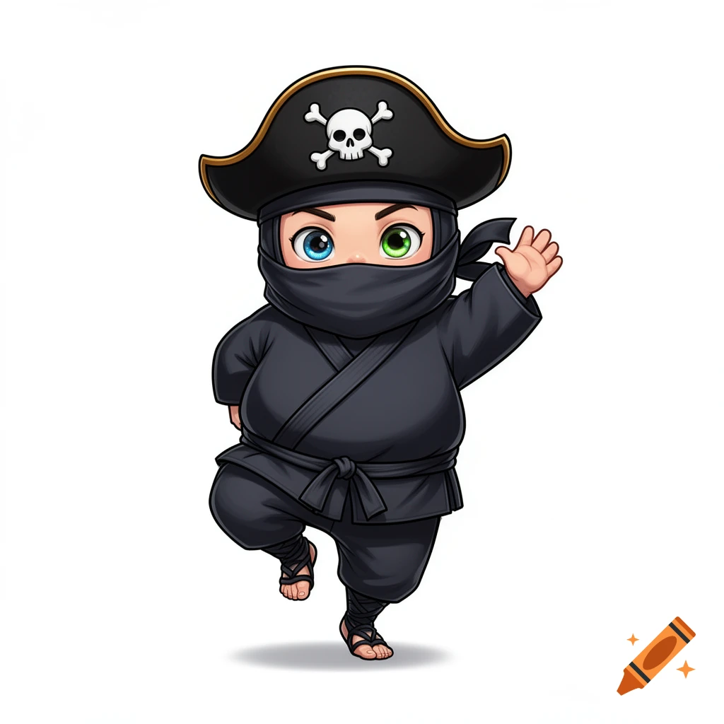 A cute, chubby cartoon ninja in a black pirate hat with a skull and crossbones and dark ninja suit, standing on one foot and waving.