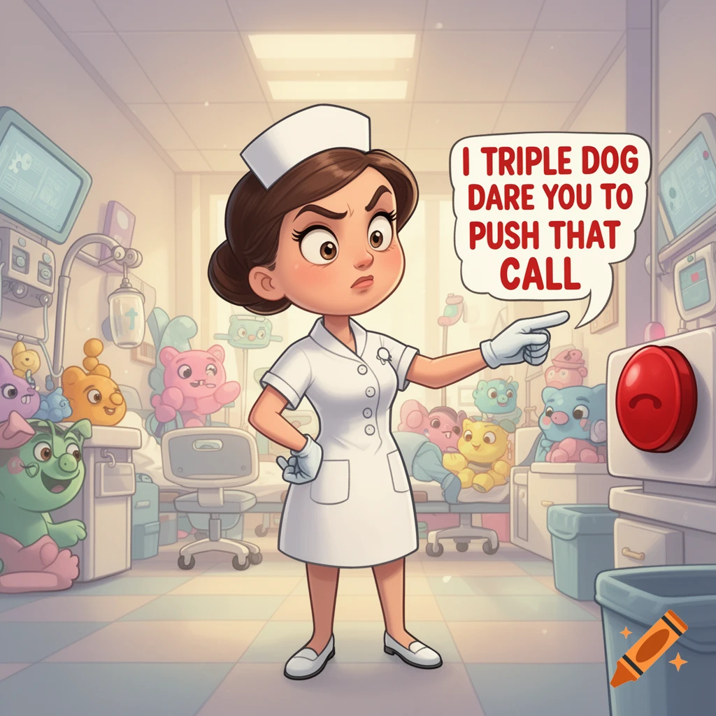 A cartoon nurse in a hospital room points at a call button, with a speech bubble reading 'I TRIPLE DOG DARE YOU TO PUSH THAT CALL'.