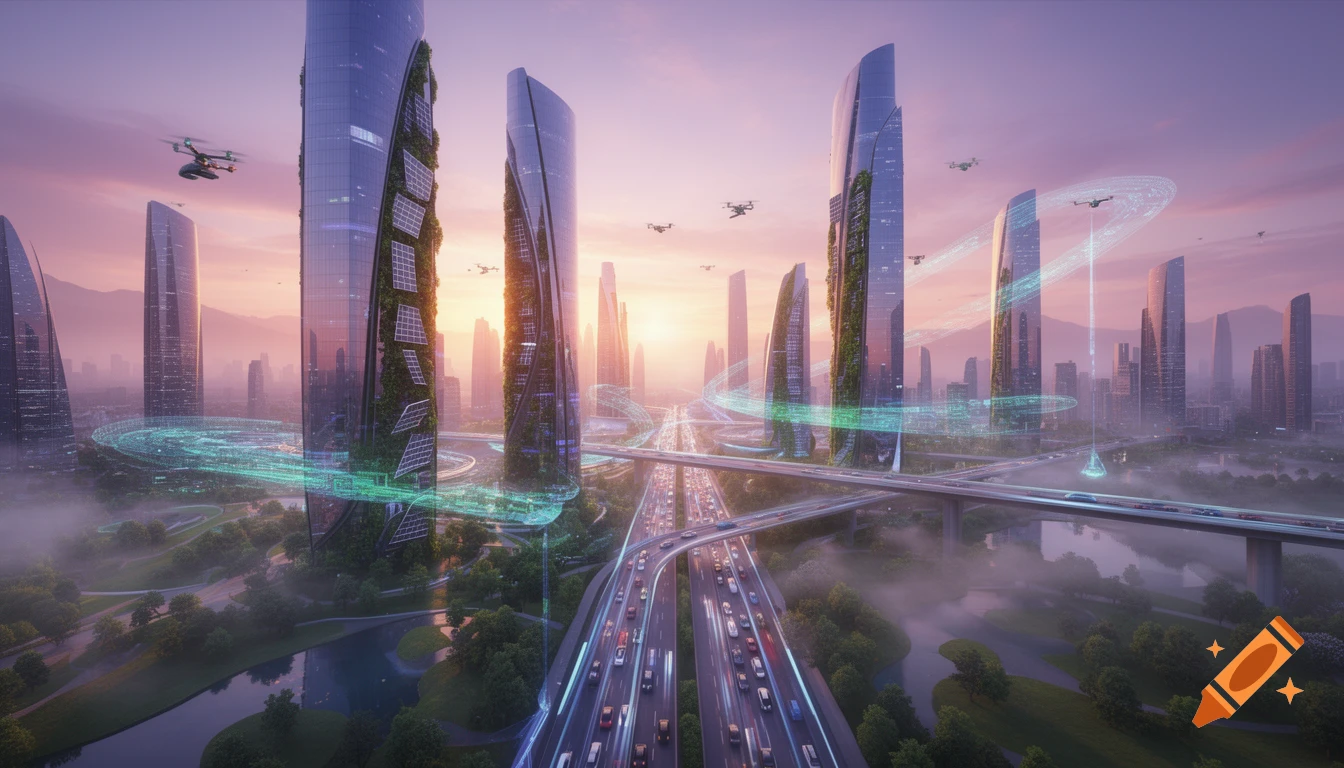 Futuristic cityscape at sunrise with towering green skyscrapers, highways, drones, and glowing data streams.