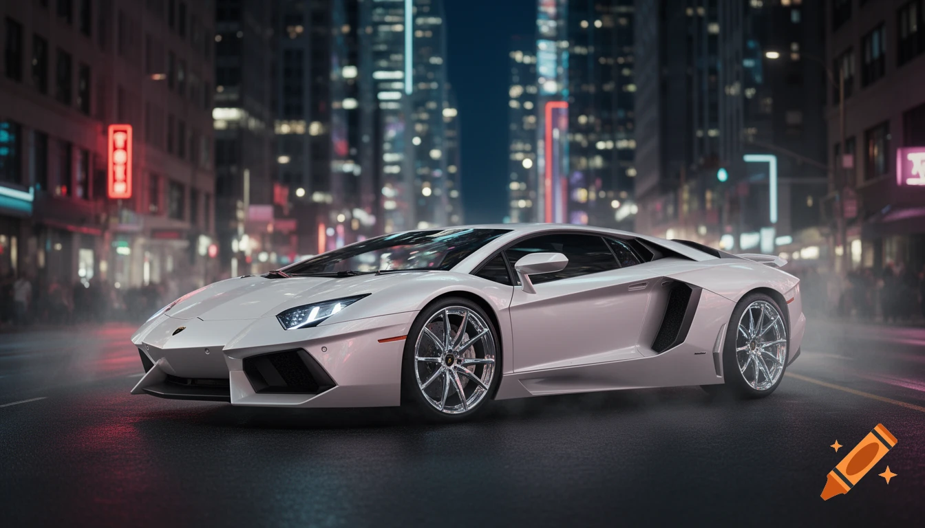 A sleek white Lamborghini sports car parked on a wet city street at night, with blurred colorful neon lights in the background.