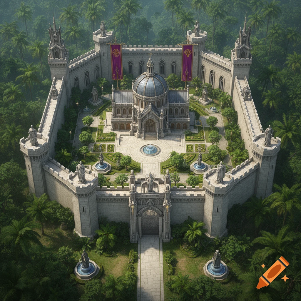 Aerial view of a grand, fortified fantasy castle with a domed central building, symmetrical gardens, fountains, and massive stone walls, surrounded by lush tropical jungle.