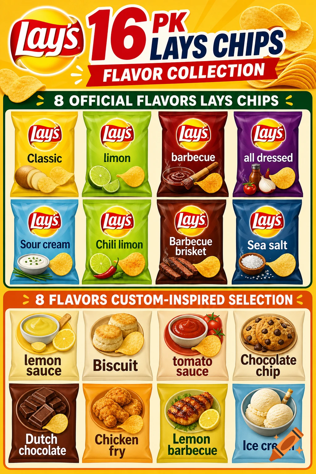 An advertisement collection showing 16 bags of Lay's potato chips with official and custom flavors.