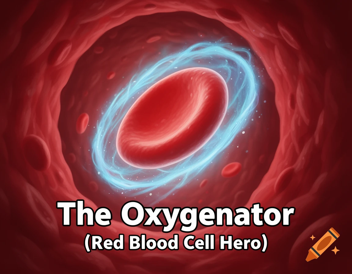 A detailed illustration of a glowing red blood cell with a blue aura inside a red blood vessel, with the text 'The Oxygenator (Red Blood Cell Hero)'.